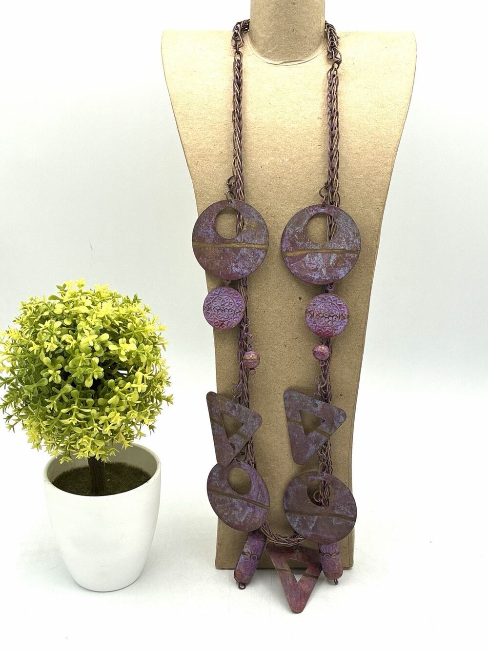 Vintage Purple Patina Metal Statement Necklace Geometric Artisan Style 28”
